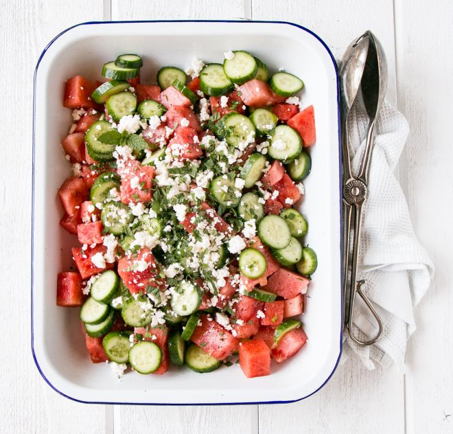 Watermelon Salad with Cucumber, Feta and Mint