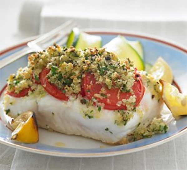 Roast Halibut with Tomatoes and Lemon Crumbs
