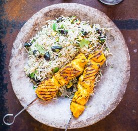Fruity Rice Pilaf with California Prunes and Grilled Chicken Skewers