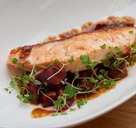 Salmon with Sweet & Sour Californian Prune Sauce with Beet Salad