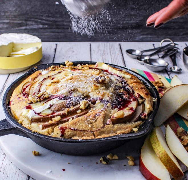 Dutch Baby with Pear, Brie, Walnuts and Mulled Wine Syrup