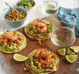 Grilled Shrimp Tostadas with Tomato-Corn Salsa, Guacamole and Lime
